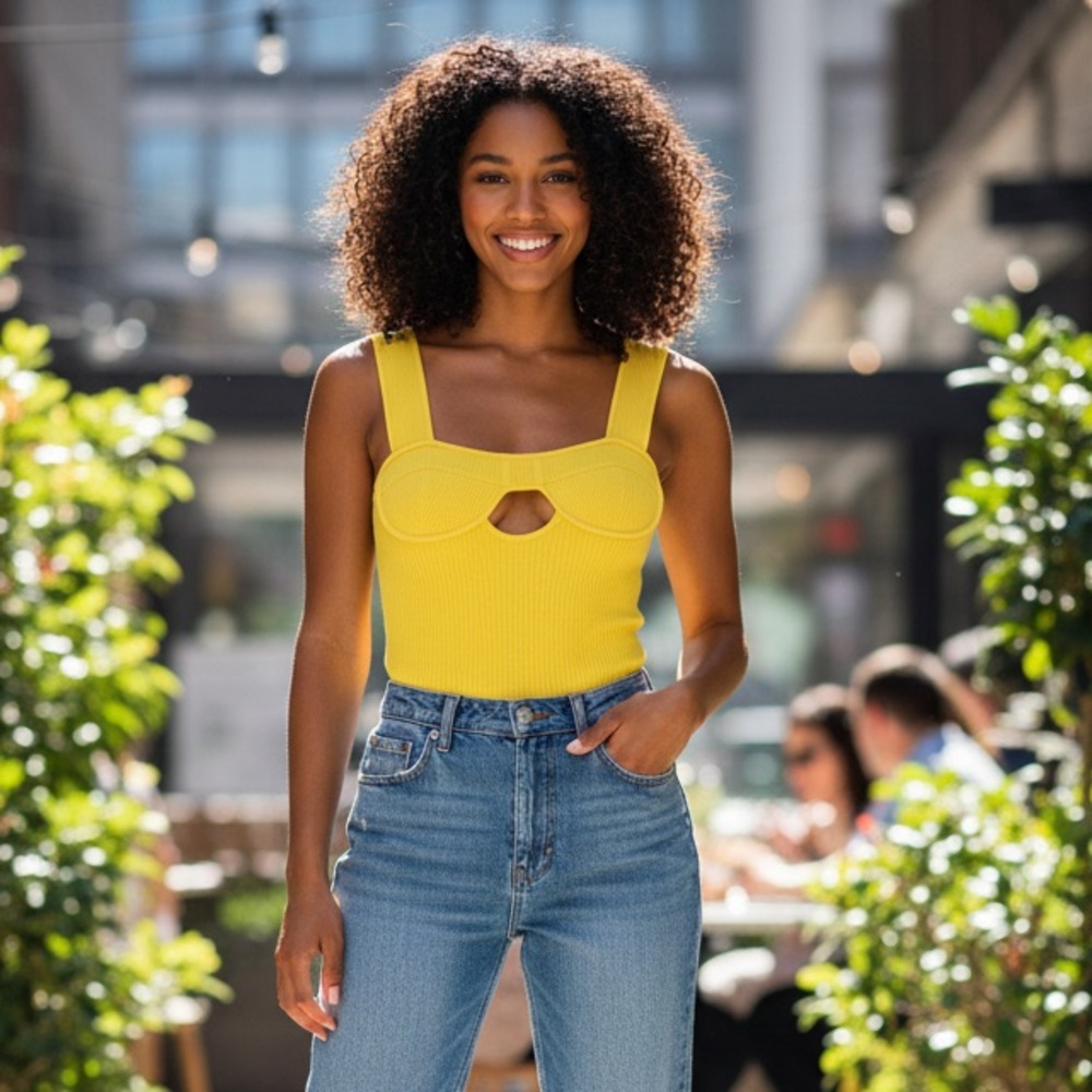 AKNVAS Fezco Rib Knit Tank Yellow Square Neck Bra Detail Size Small NWT
